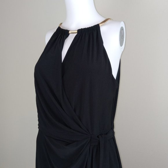 Emma & Michele Women's Halter Maxi Dress Size 14 Black Gold Chain Faux Wrap - Picture 2 of 11